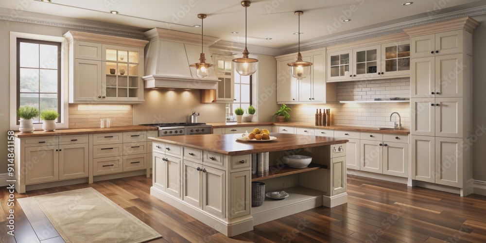 Fototapeta premium Cream-colored kitchen with walnut accents, exuding timeless beauty and craftsmanship, traditional, kitchen