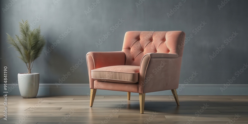 Soft gray accent chair with plush muted coral upholstery , cozy, elegant, furniture, home decor, interior design Soft gray accent chair with plush muted coral upholstery , cozy, elegant, furniture, home decor, interior design