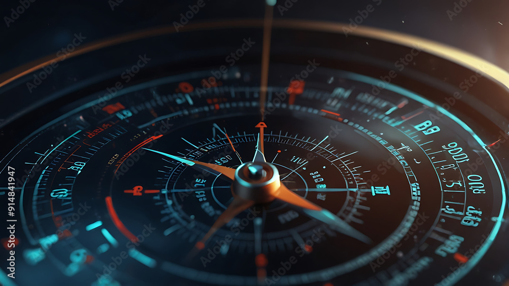 An Abstract futuristic digital compass, concept of Mission path and business success, closeup of compass
An Abstract futuristic digital compass, concept of Mission path and business success, closeup of compass