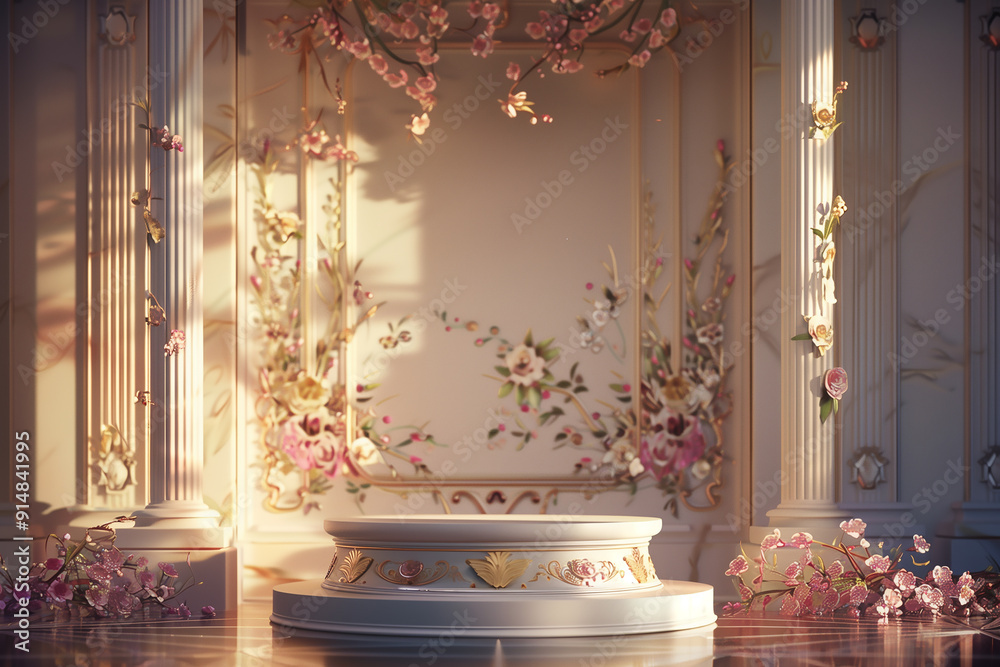 Elegant Product Display Podium with Floral Patterns and Classical Architecture Elegant Product Display Podium with Floral Patterns and Classical Architecture
