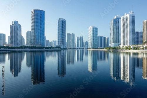 Skyscrapers Along Waterfront with Reflections in Water
