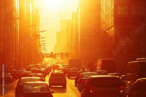 Traffic jam on a hot day , concept of heat wave , hot wave , Generative AI