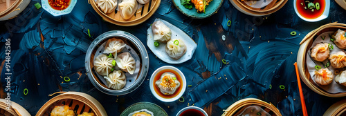 Wallpaper Mural Delicious Steamed Dumplings on a Blue Background - Food Photography Torontodigital.ca