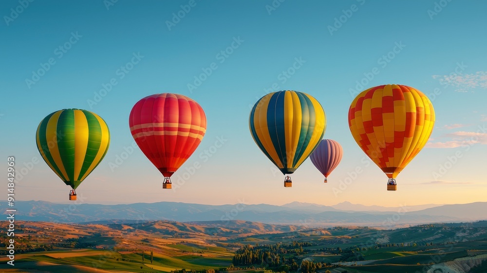 Obraz premium Wanderlust, colorful hot air balloons, sunrise Background