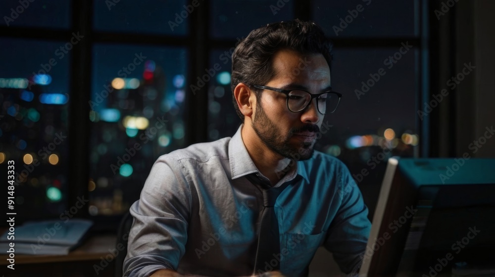 Medium shot man working late at night Medium shot man working late at night