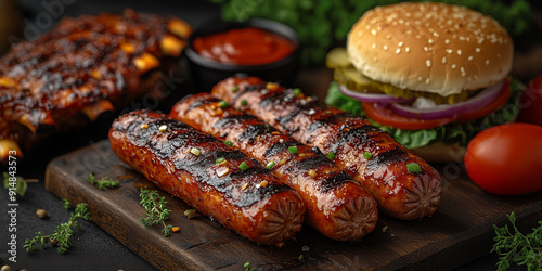 Grilled meat and vegetables, grilled juicy BBQ hot dogs, ribs, pieces of chicken, vegetables, and spices on rustic background, AI Generated