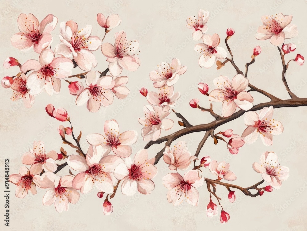 Beautiful of traditional Japanese sakura or cherry blossoms in soft pink and white colors with an elegant embroidered floral design pattern Beautiful of traditional Japanese sakura or cherry blossoms in soft pink and white colors with an elegant embroidered floral design pattern