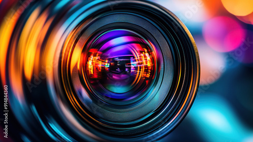 Abstract camera lens with colorful reflections and blur