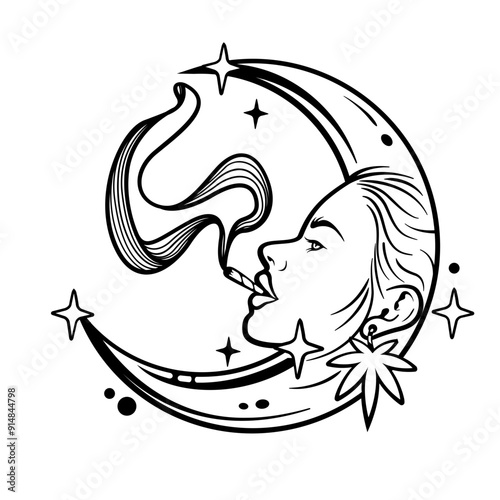 Weed Moon Girl | Smoking Weed | Half-moon Girl | Weed Life | Cannabis Girl | Smoking Joint | Kush Leaf | Girl Smoking | Original Illustration | Vector and Clipart | Cutfile and Stencil