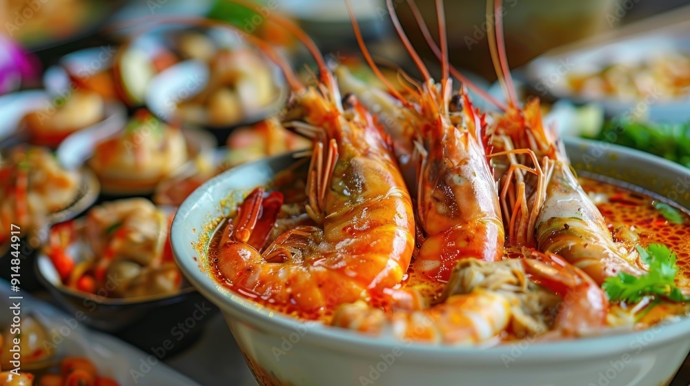 Close-Up of a Bowl of Tom Yum Soup with Shrimp Close-Up of a Bowl of Tom Yum Soup with Shrimp