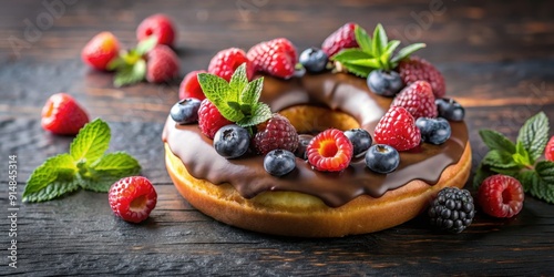 Delicious chocolate donut topped with fresh mixed berries , dessert, bakery, pastry, sweet, delicious