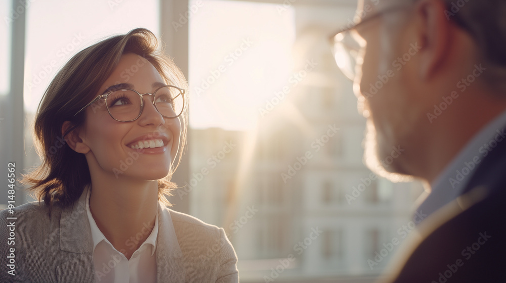 Cinematic, realistic photograph of a person celebrating a financial milestone, looking relieved and hopeful, while talking to a financial advisor in a bright, professional office Cinematic, realistic photograph of a person celebrating a financial milestone, looking relieved and hopeful, while talking to a financial advisor in a bright, professional office