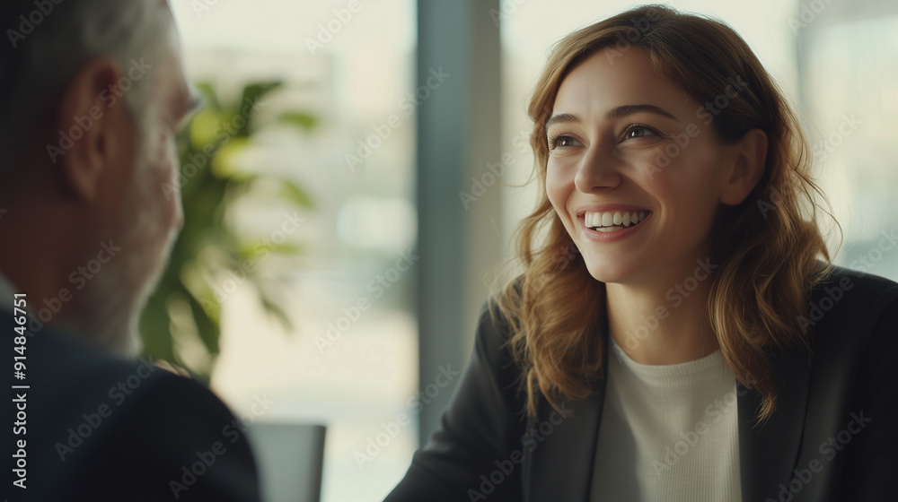 Cinematic, realistic photograph of a person celebrating a financial milestone, looking relieved and hopeful, while talking to a financial advisor in a bright, professional office Cinematic, realistic photograph of a person celebrating a financial milestone, looking relieved and hopeful, while talking to a financial advisor in a bright, professional office
