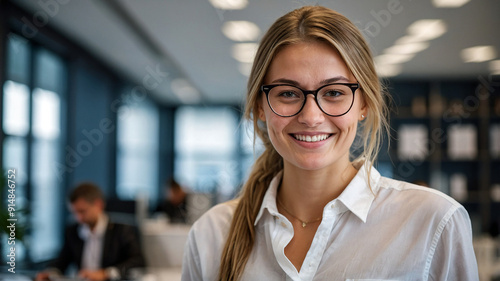 Portrait of beautiful German businesswoman short hair in white shirt and glasses smiling friendly, blurred busy office background