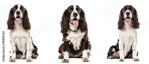 Collection of three dogs cheerful English Springer Spaniels set isolated on white background