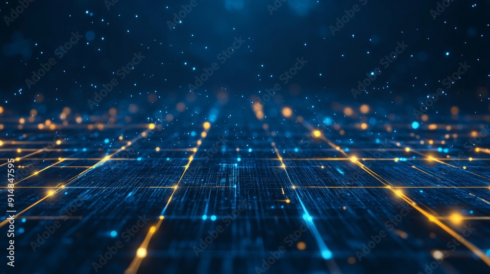 Technological Connectivity - Abstract Digital Grid with Glowing Blue Lines and Particles Technological Connectivity - Abstract Digital Grid with Glowing Blue Lines and Particles