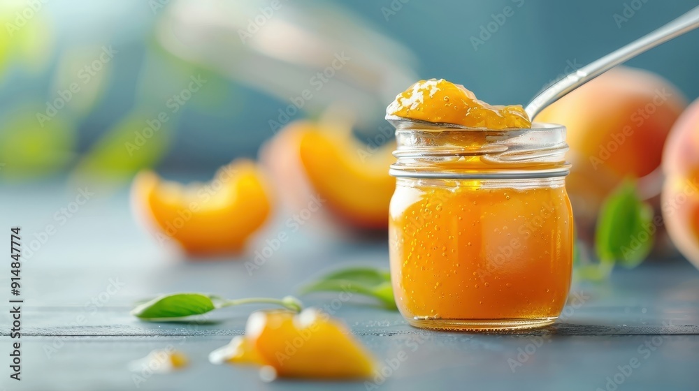 Close-up of a spoon scooping golden peach jam from a glass jar, with chunks of peaches visible in the jam.