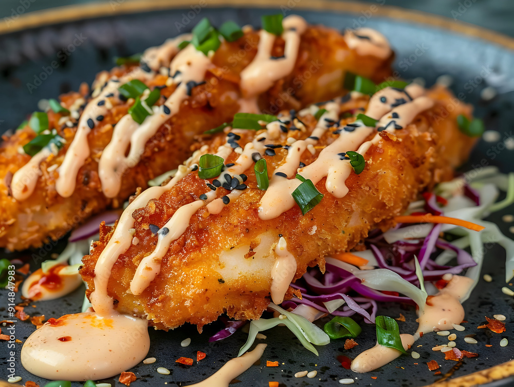 Crispy Fried Fish with Sesame Seeds and Spicy Mayo - Food Photography Crispy Fried Fish with Sesame Seeds and Spicy Mayo - Food Photography