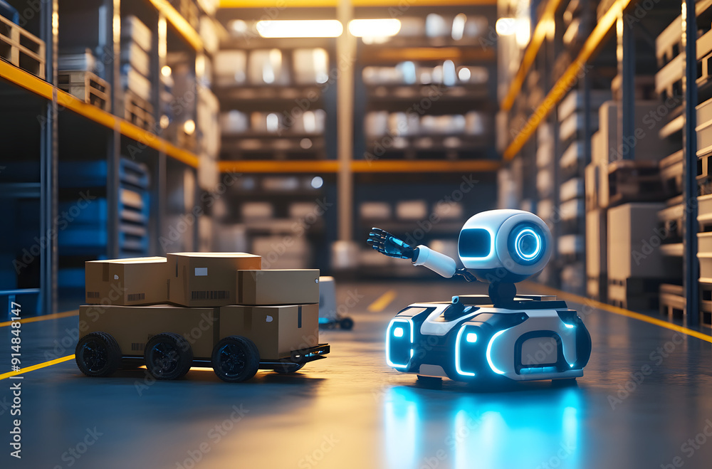 Small Robot Vehicle Carrying Boxes in a Warehouse Small Robot Vehicle Carrying Boxes in a Warehouse