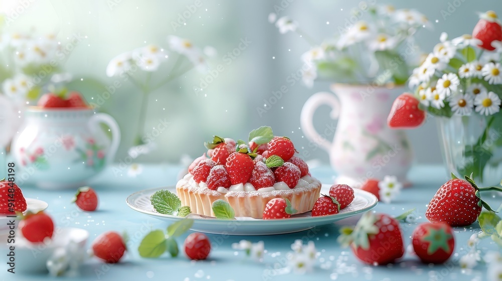 Strawberry jam-filled pastry on a delicate plate, surrounded by fresh strawberries and mint leaves. Strawberry jam-filled pastry on a delicate plate, surrounded by fresh strawberries and mint leaves.