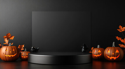 Minimalist black background for product display with podium and Halloween decorations