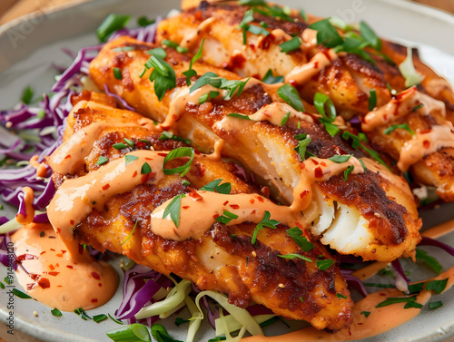 Crispy Fried Fish with Spicy Sauce and Cabbage Salad - Food Photography