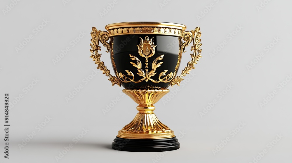 A gold trophy cup with intricate detailing against a white background. A gold trophy cup with intricate detailing against a white background.