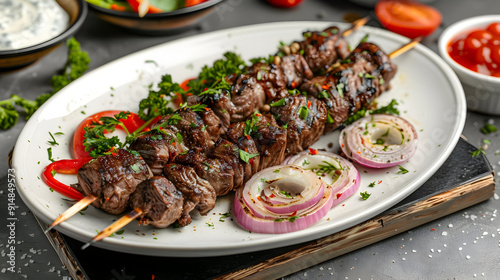 Grilled Beef Skewers with Onions and Parsley - Photo