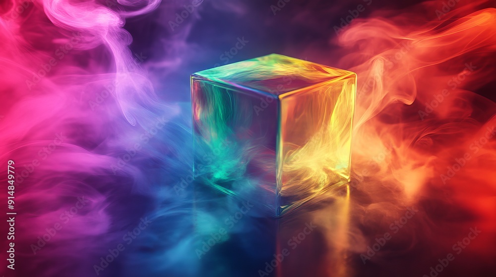 Colorful glass cube with vibrant smoke on Colorful glass cube with vibrant smoke on