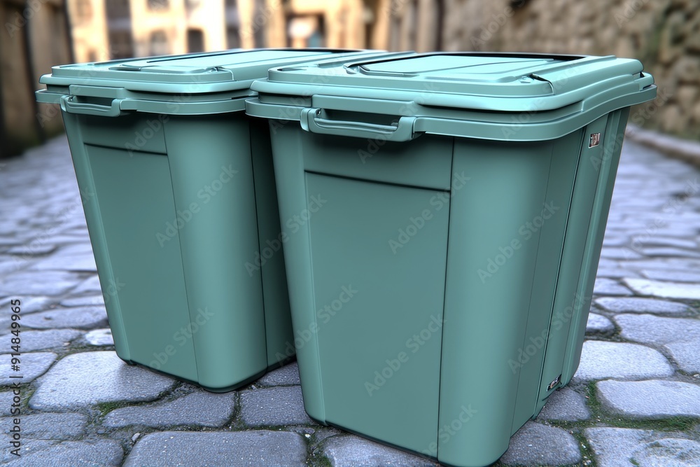 Two green recycling bins on a cobblestone street symbolizing organized urban waste management and community responsibility. Two green recycling bins on a cobblestone street symbolizing organized urban waste management and community responsibility.