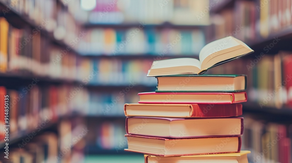 A Stack of Books in a Library With One Open Book