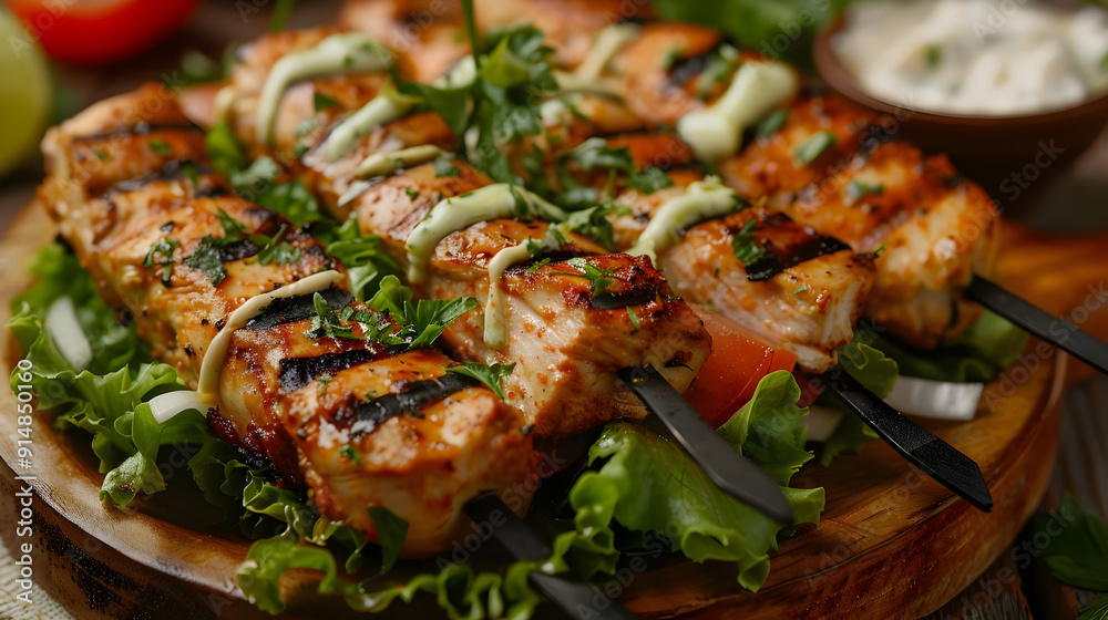 Grilled Chicken Skewers with Parsley and Creamy Sauce - Food Photography Grilled Chicken Skewers with Parsley and Creamy Sauce - Food Photography