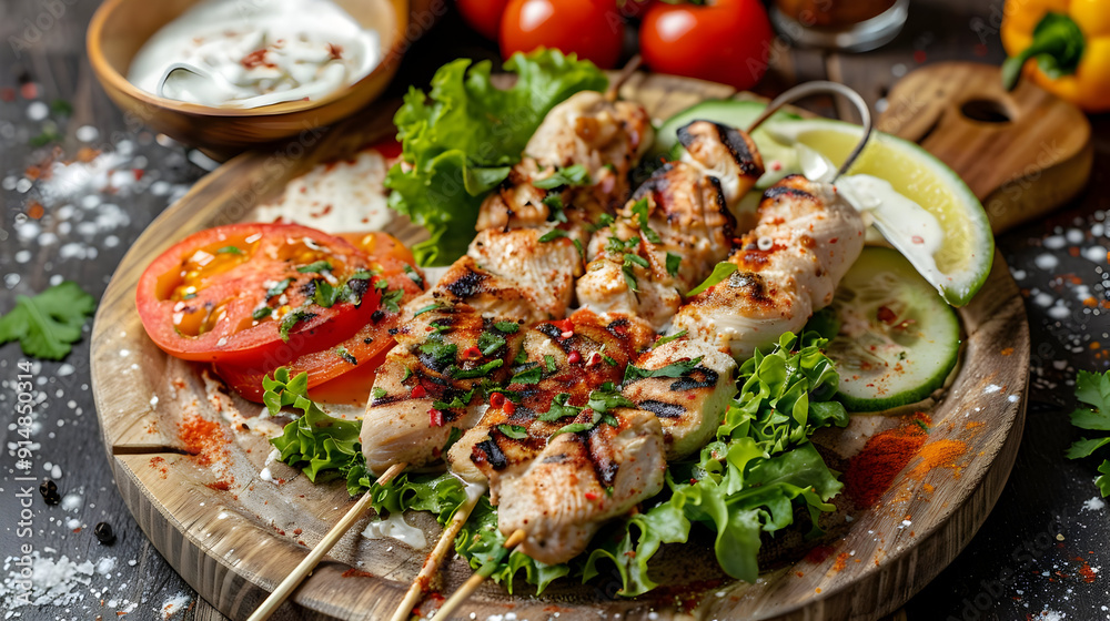 Grilled Chicken Skewers with Lemon, Tomato, and Herbs - Food Photography Grilled Chicken Skewers with Lemon, Tomato, and Herbs - Food Photography