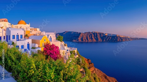Tourist attraction, Santorini, sunset over caldera Background