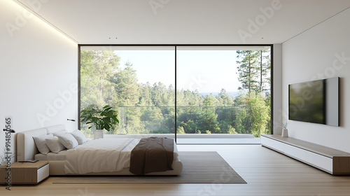 Minimalist modern bedroom with floor-to-ceiling windows overlooking forest