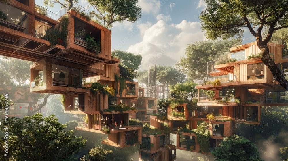 Floating architectural concept with interconnected buildings and sky bridges Floating architectural concept with interconnected buildings and sky bridges