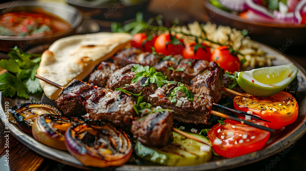 Grilled Beef Skewers with Vegetables and Rice - Food Photography Grilled Beef Skewers with Vegetables and Rice - Food Photography