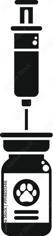 Black silhouette icon of a syringe taking medicine from an animal vaccine bottle Black silhouette icon of a syringe taking medicine from an animal vaccine bottle