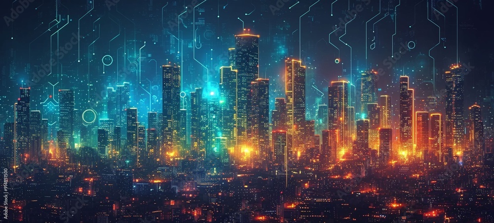 Futuristic Cityscape With Illuminated Towers and Digital Circuitry at Night Futuristic Cityscape With Illuminated Towers and Digital Circuitry at Night