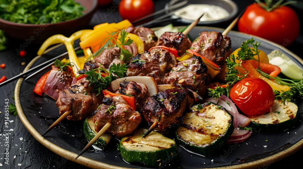Grilled Beef Skewers with Vegetables on Black Plate - Food Photography Grilled Beef Skewers with Vegetables on Black Plate - Food Photography