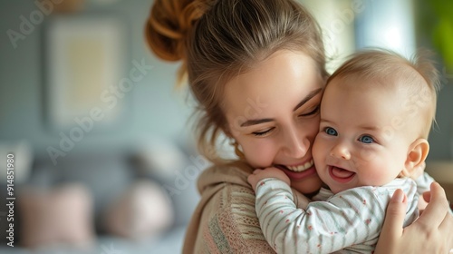 Happy Mother Holding Infant Baby In Home
