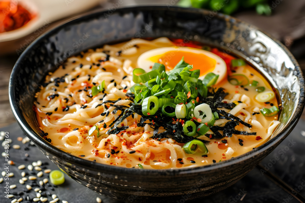 Delicious Ramen Bowl with Egg, Nori, and Green Onions - Food Photography Delicious Ramen Bowl with Egg, Nori, and Green Onions - Food Photography