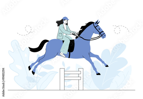 Equestrian sport woman. Young girl on horse jumps over barrier. Active lifestyle and extreme sports. Horsewoman practicing at stadium. Linear vector illustration