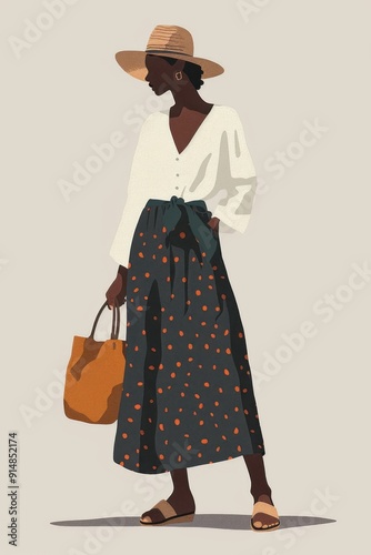 Minimalism illustration, a Black woman, wearing a boho A-line skirt with a long-sleeve blouse, a straw fedora, and a canvas tote bag, standing with one hand on her waist, boho woman fashion