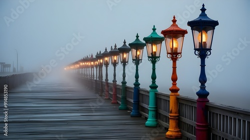 street clourfull  lights along the old wet wooden boardwalk
