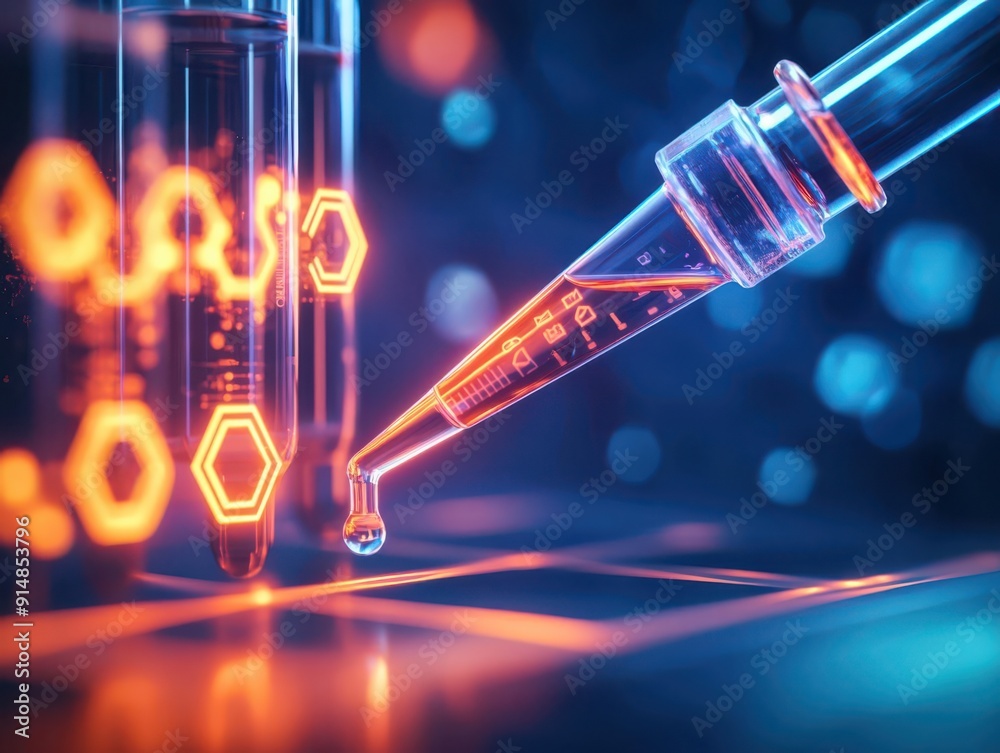 Close-up of a pipette transferring a droplet into a hexagonal-patterned surface, showcasing advanced laboratory technology. Close-up of a pipette transferring a droplet into a hexagonal-patterned surface, showcasing advanced laboratory technology.