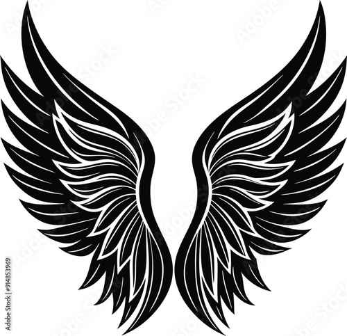 Black Angel wings silhouette with white background
