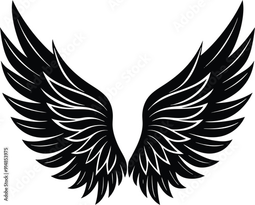 Black Angel wings silhouette with white background
