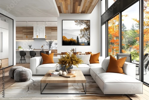 Modern Living Room with White Sofa, Wooden Coffee Table and Fall Foliage View.