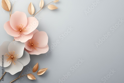 3D flowers in beige and pink with gold leaves on grey background